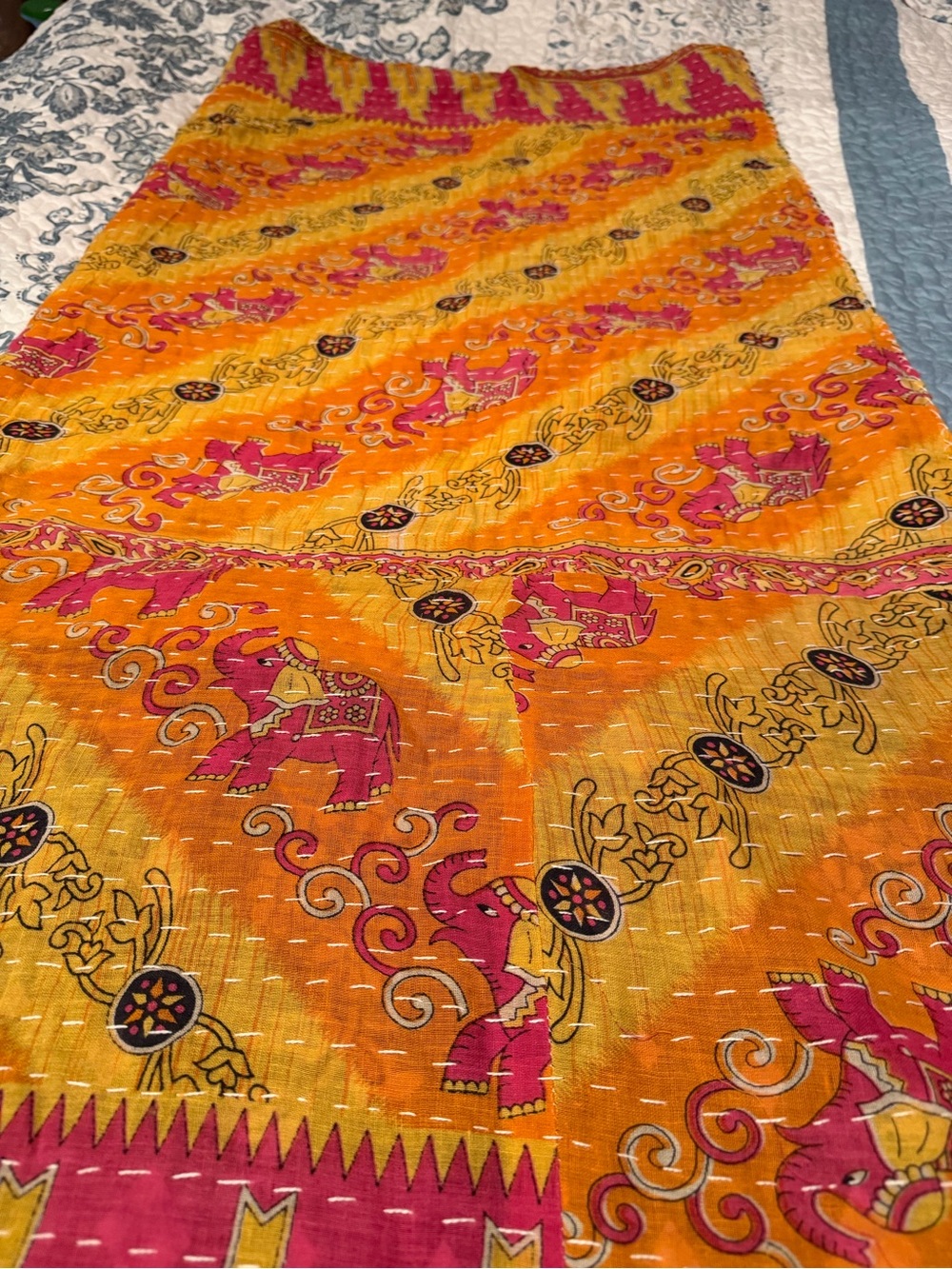 Hand-Stitched Orange & Pink Elephant Kantha Throw Blanket